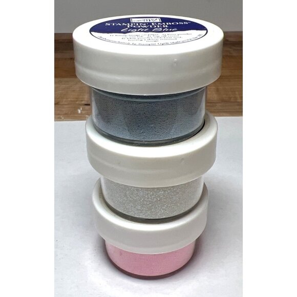 Stampin Up Emboss Powder Trio Light Pink Blue White Glitter Full - Picture 2 of 3